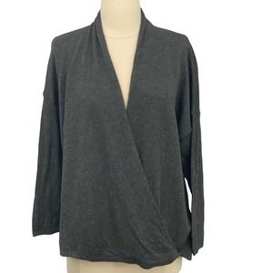 Eileen Fisher Gray Faux Wrap Sweater Top 3/4 Sleeves Wool Tencel Blend Soft LG
